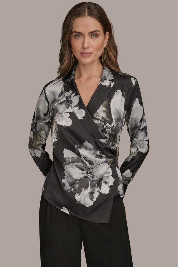 donna karan ASYMMETRIC WRAP-EFFECT FLORAL BLOUSE BLACK MULTI