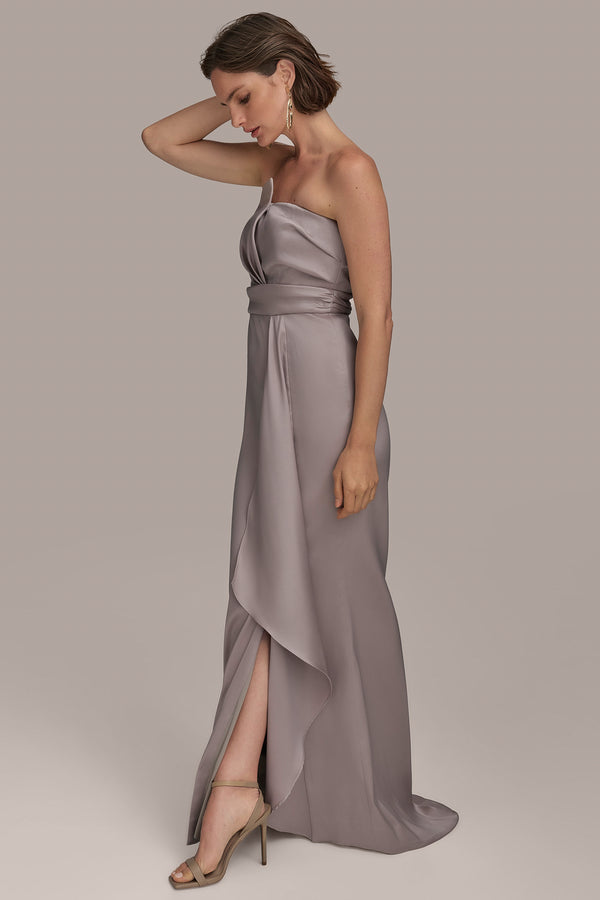 Donna Karan ASYMMETRICAL NECK FRONT DRAPED GOWN COBBLESTONE