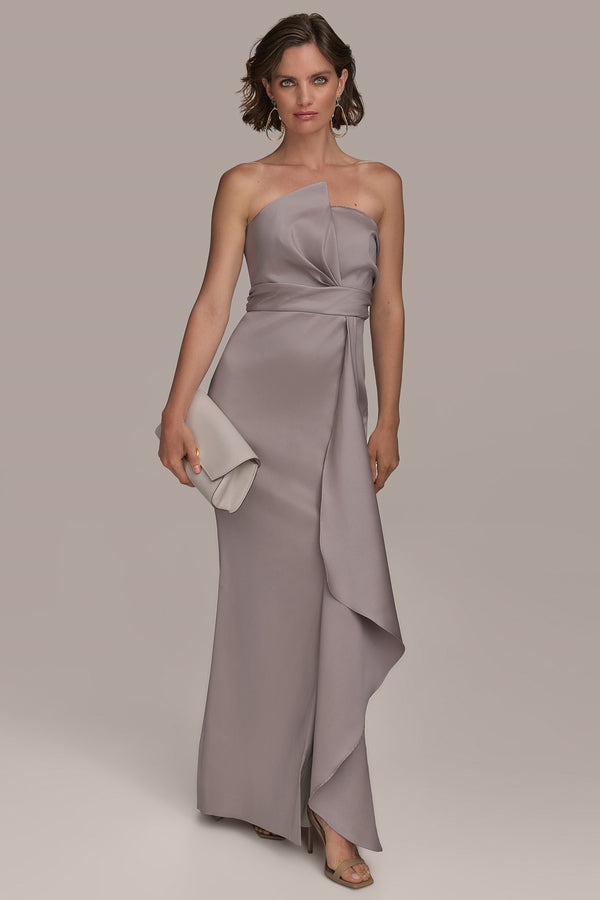 donna karan ASYMMETRICAL NECK FRONT DRAPED GOWN COBBLESTONE