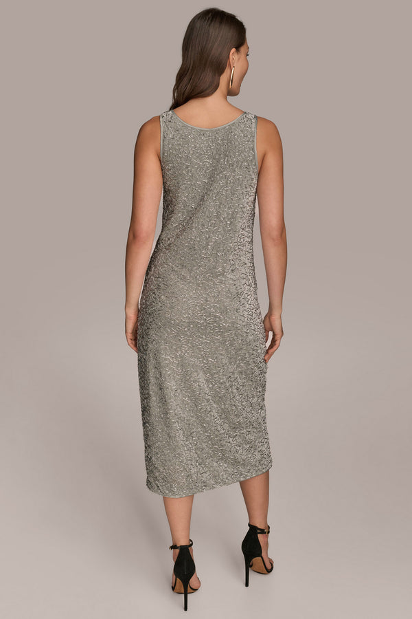 Donna Karan BEADED VELVET MIDI SHIFT DRESS WEATHERED SAGE/SILVER