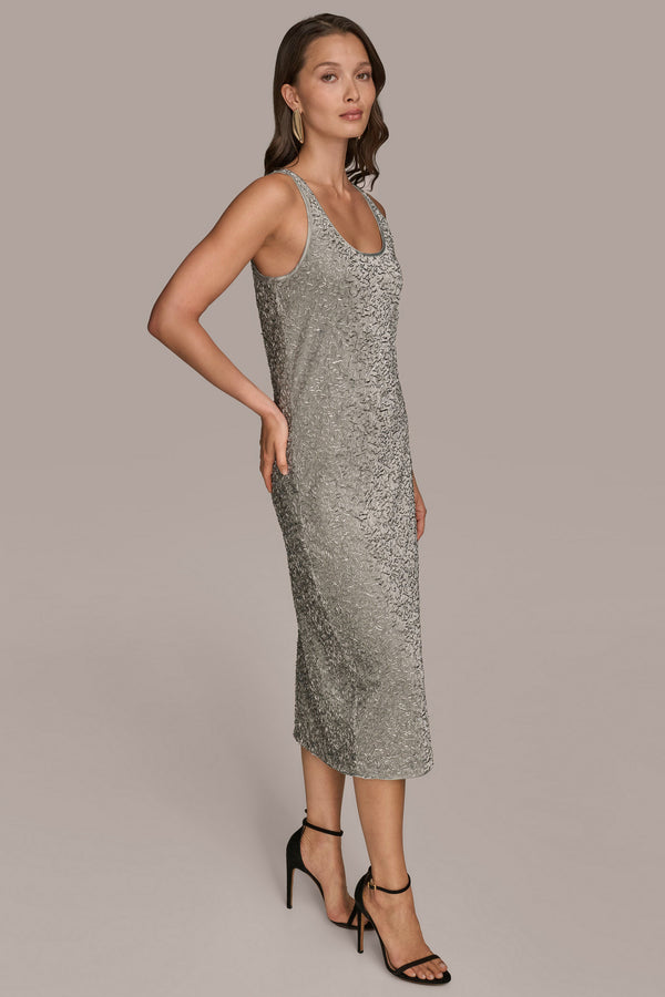 Donna Karan BEADED VELVET MIDI SHIFT DRESS WEATHERED SAGE/SILVER