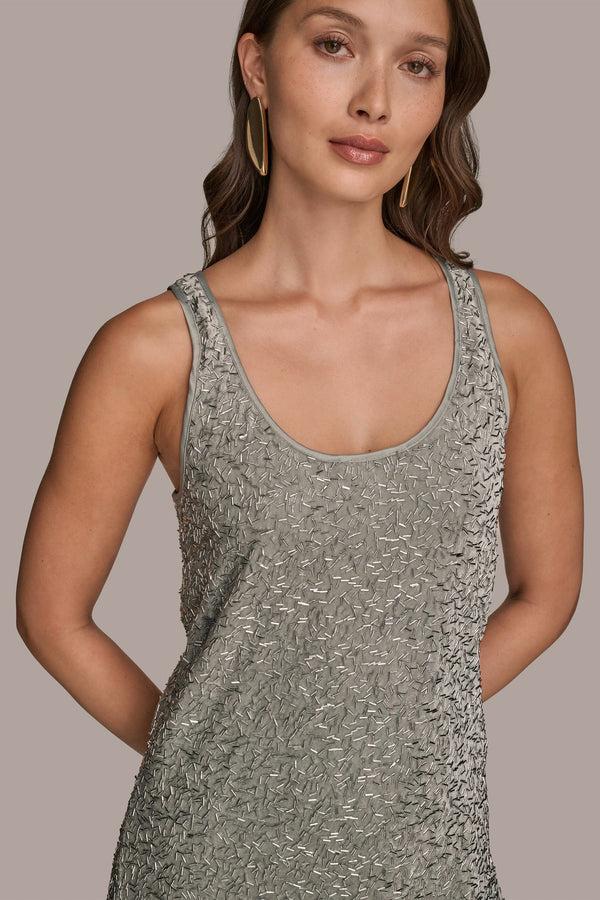 Donna Karan BEADED VELVET MIDI SHIFT DRESS WEATHERED SAGE/SILVER