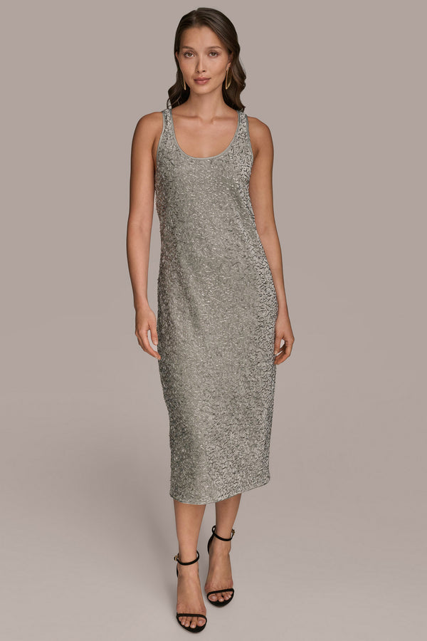 donna karan BEADED VELVET MIDI SHIFT DRESS WEATHERED SAGE/SILVER