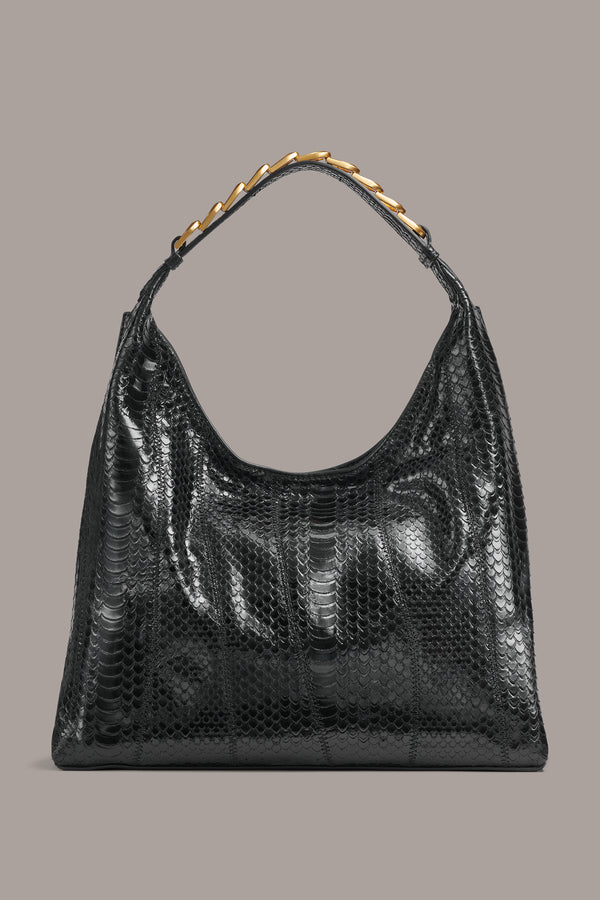 donna karan BELLMORE SMALL SKIPPER SNAKE SHOULDER BAG BLACK/GOLD