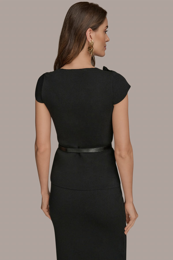 Donna Karan BELTED ASYMMETRIC GATHERED SWEATER Black