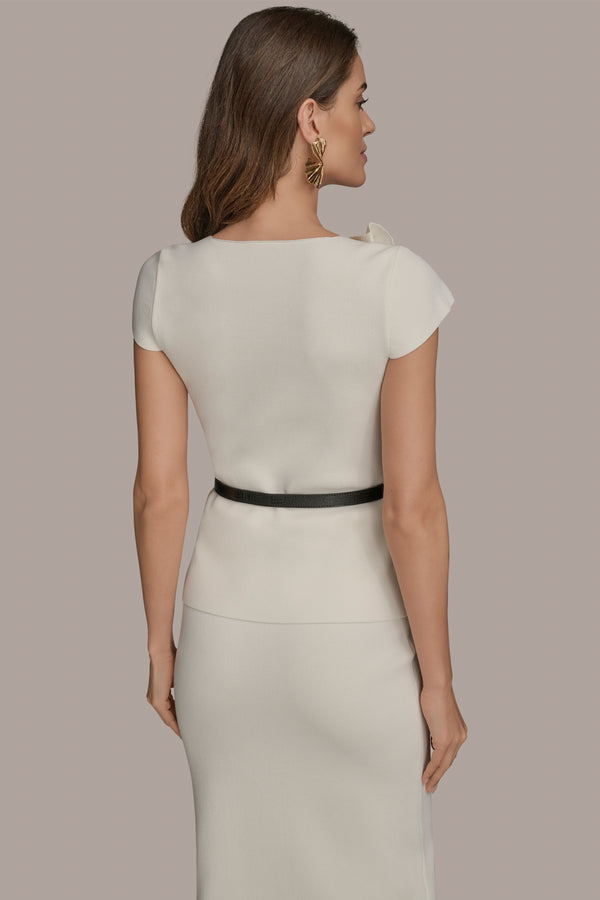 Donna Karan BELTED ASYMMETRIC GATHERED SWEATER CREAM