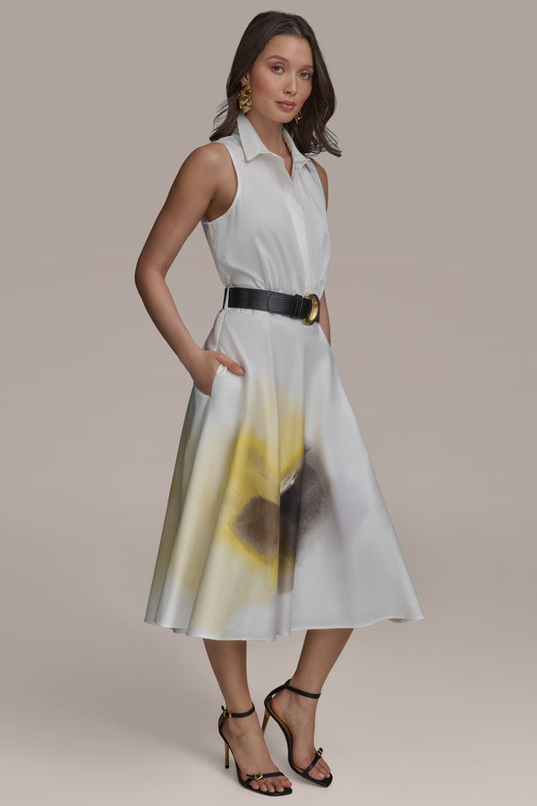 Donna Karan BELTED BUTTON UP DRESS PANNACOTTA MULTI