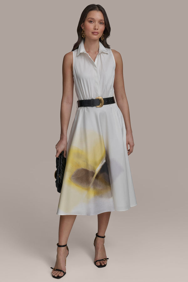 donna karan BELTED BUTTON UP DRESS PANNACOTTA MULTI
