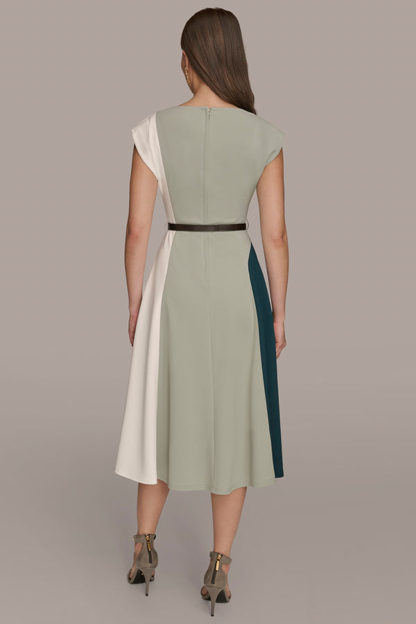 Donna Karan BELTED COLOR BLOCK MIDI DRESS HUDSON/WEATHERED SAGE/CREAM