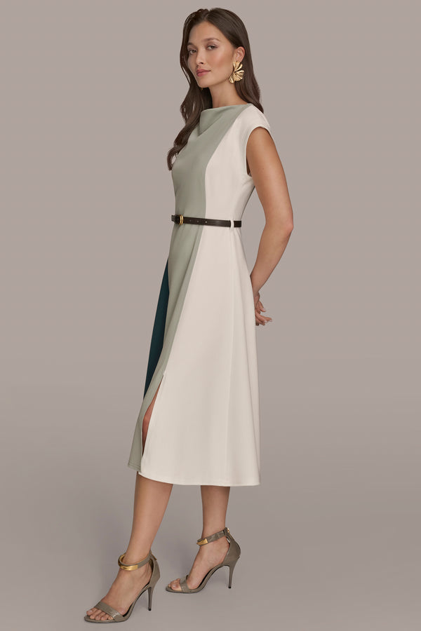 Donna Karan BELTED COLOR BLOCK MIDI DRESS HUDSON/WEATHERED SAGE/CREAM