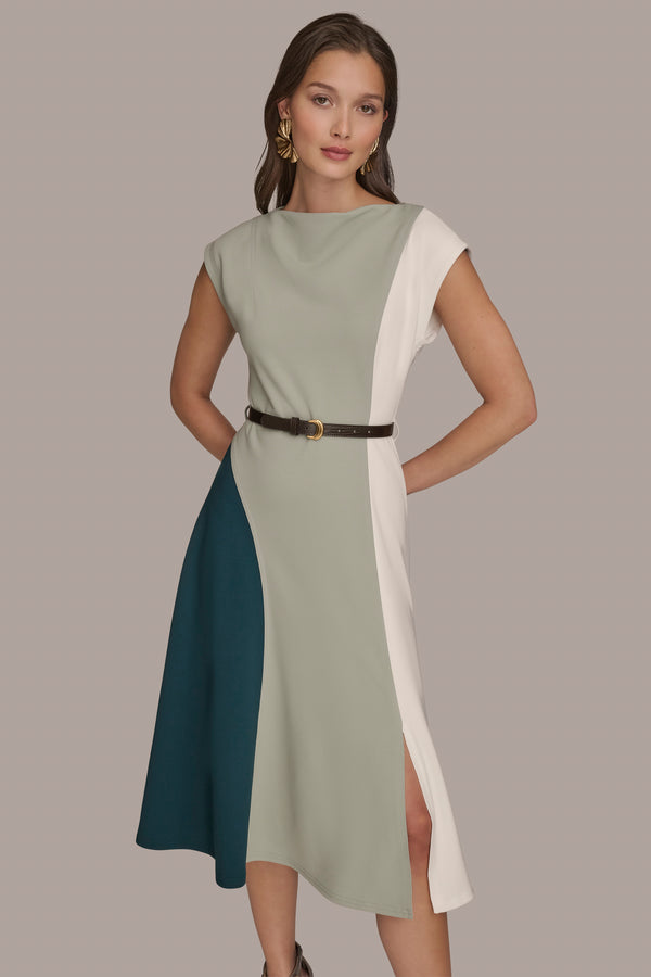 Donna Karan BELTED COLOR BLOCK MIDI DRESS HUDSON/WEATHERED SAGE/CREAM