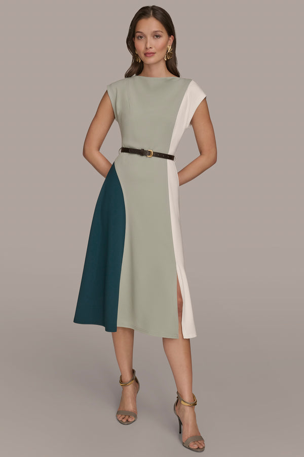 donna karan BELTED COLOR BLOCK MIDI DRESS HUDSON/WEATHERED SAGE/CREAM