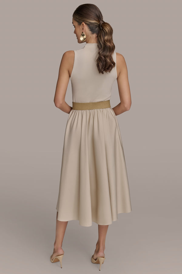 Donna Karan BELTED COWL-NECK PANELED MIDI DRESS Sand