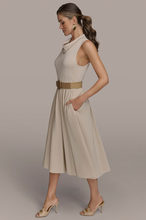 Donna Karan BELTED COWL-NECK PANELED MIDI DRESS Sand