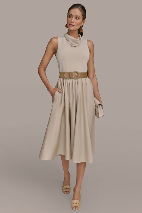 Donna Karan BELTED COWL-NECK PANELED MIDI DRESS Sand