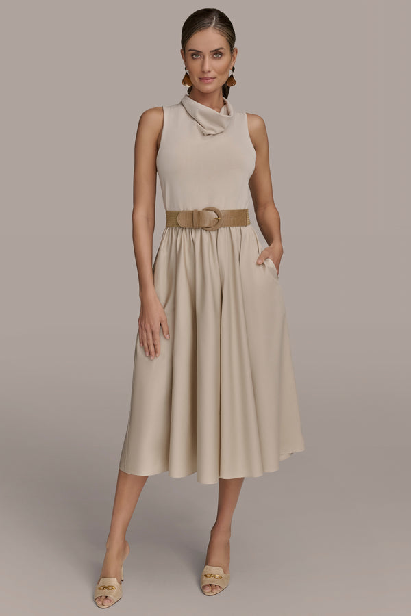 donna karan BELTED COWL-NECK PANELED MIDI DRESS Sand
