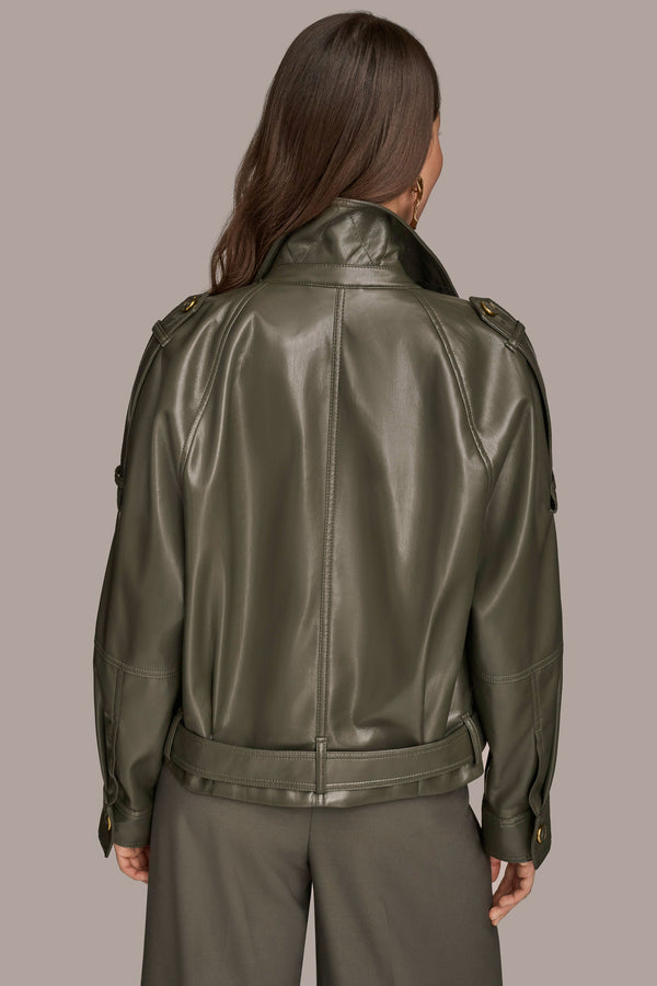 Donna Karan BELTED FAUX LEATHER BIKER JACKET DARK MINERAL