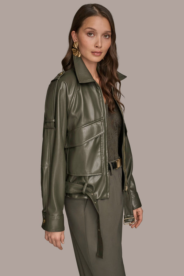 Donna Karan BELTED FAUX LEATHER BIKER JACKET DARK MINERAL