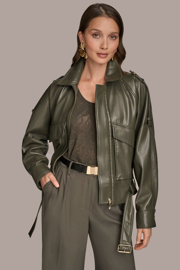 Donna Karan BELTED FAUX LEATHER BIKER JACKET DARK MINERAL