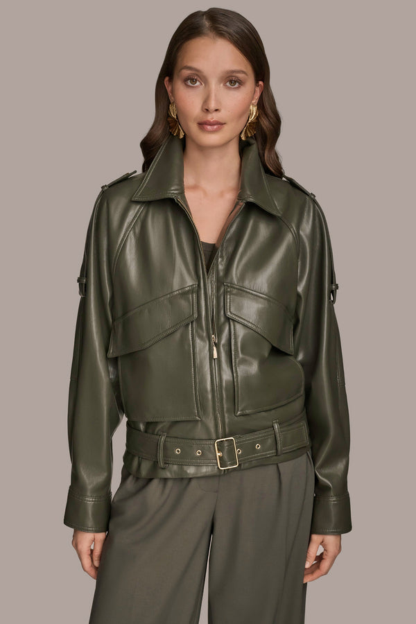 donna karan BELTED FAUX LEATHER BIKER JACKET DARK MINERAL