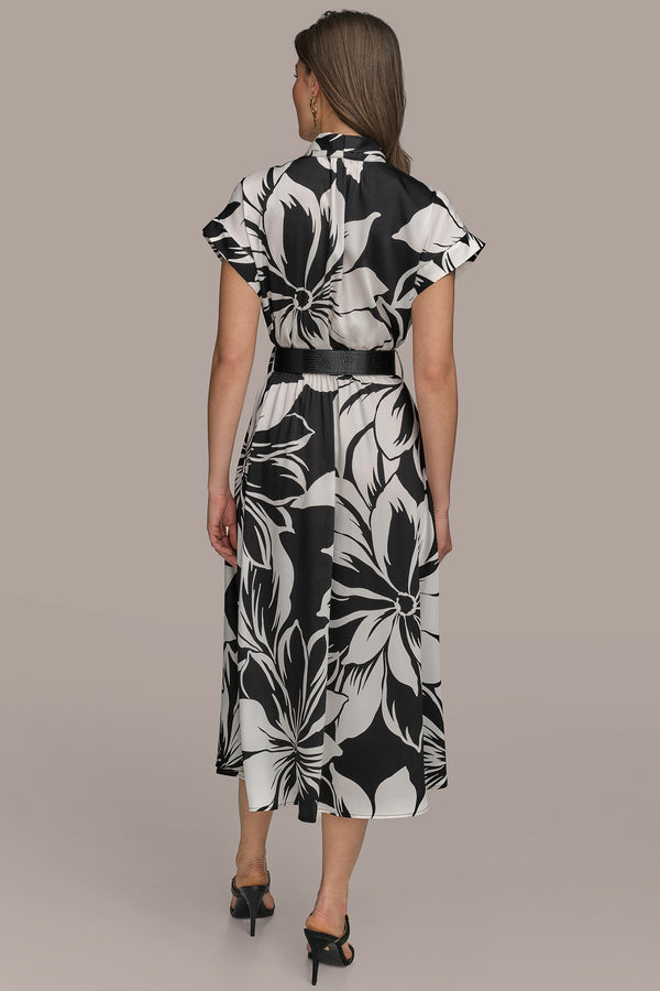 Donna Karan BELTED FLORAL A LINE MIDI BLACK/PRISTINE