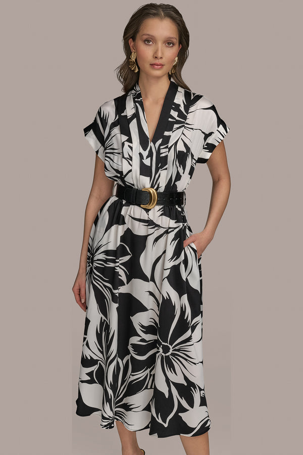 Donna Karan BELTED FLORAL A LINE MIDI BLACK/PRISTINE
