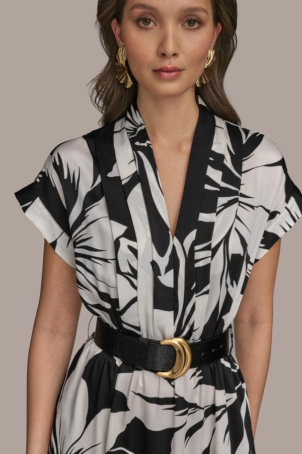 Donna Karan BELTED FLORAL A LINE MIDI BLACK/PRISTINE