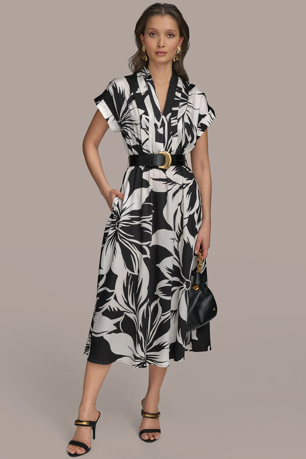 donna karan BELTED FLORAL A LINE MIDI BLACK/PRISTINE