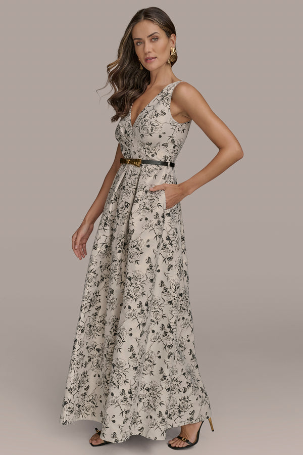 Donna Karan BELTED FLORAL BROCADE BALL GOWN CREAM/BLACK