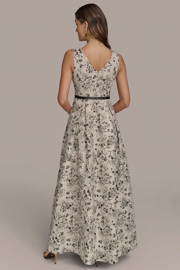 Donna Karan BELTED FLORAL BROCADE BALL GOWN CREAM/BLACK