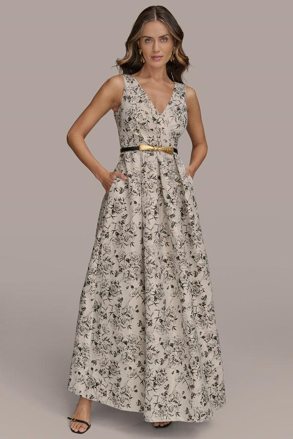Donna Karan BELTED FLORAL BROCADE BALL GOWN CREAM/BLACK
