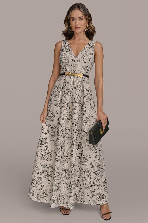 donna karan BELTED FLORAL BROCADE BALL GOWN CREAM/BLACK