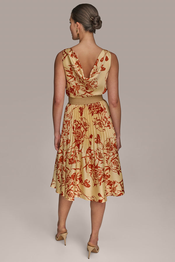 Donna Karan BELTED FLORAL DRESS Cinnamon/Beach Sand