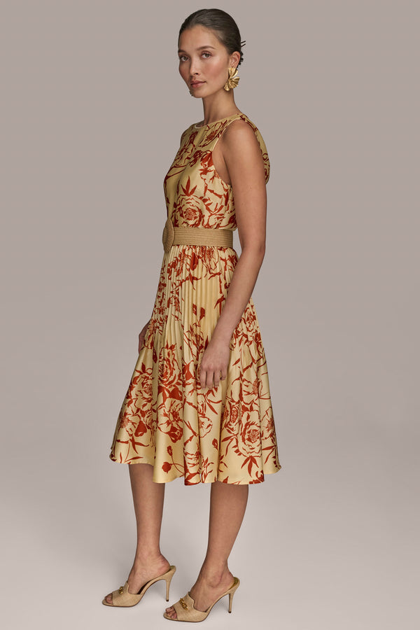 Donna Karan BELTED FLORAL DRESS Cinnamon/Beach Sand