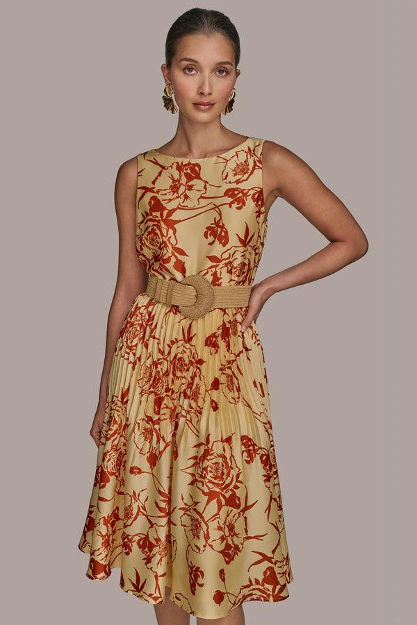 Donna Karan BELTED FLORAL DRESS Cinnamon/Beach Sand