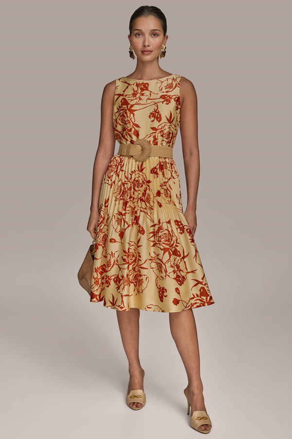 donna karan BELTED FLORAL DRESS Cinnamon/Beach Sand