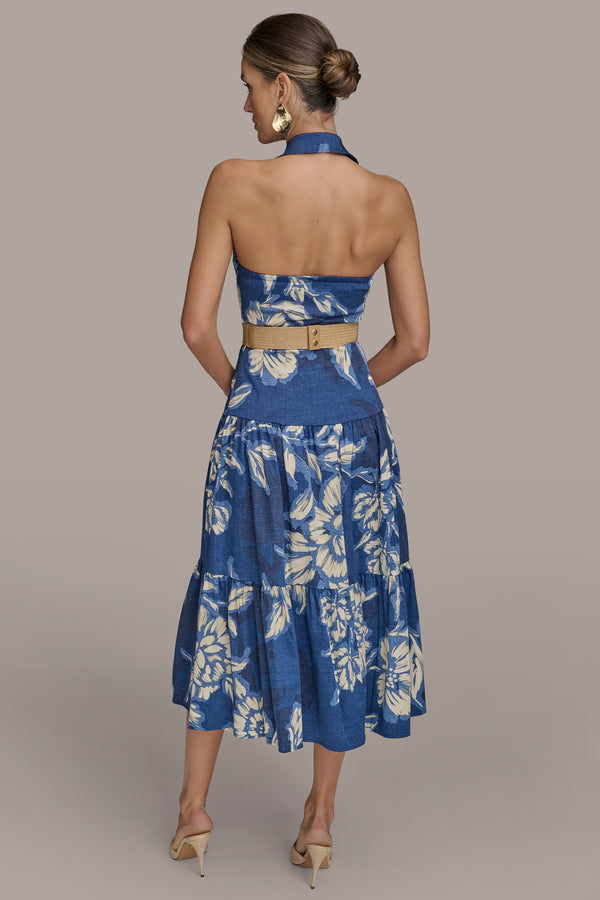 Donna Karan BELTED FLORAL HALTERNECK MIDI DRESS Prussian Blue Multi