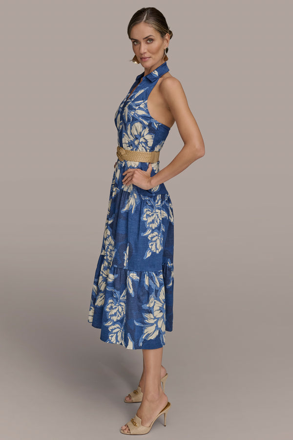 Donna Karan BELTED FLORAL HALTERNECK MIDI DRESS Prussian Blue Multi