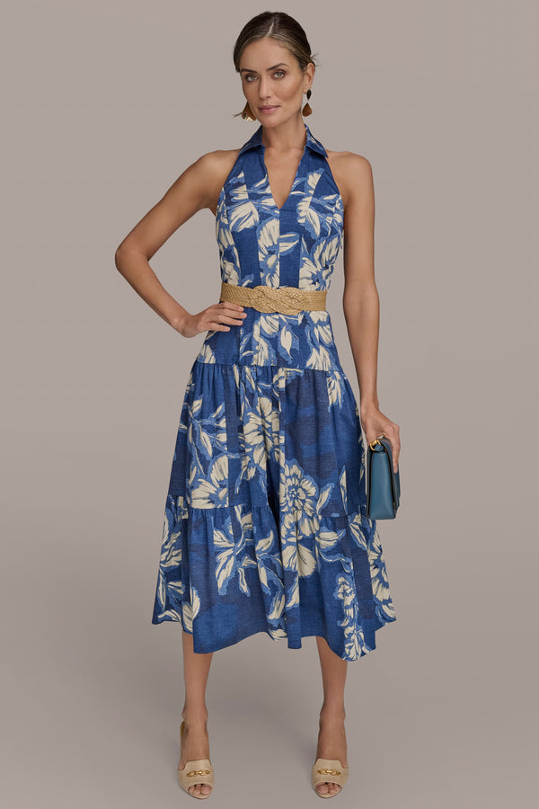 Donna Karan BELTED FLORAL HALTERNECK MIDI DRESS Prussian Blue Multi