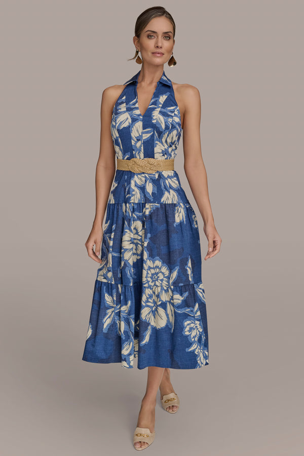donna karan BELTED FLORAL HALTERNECK MIDI DRESS Prussian Blue Multi