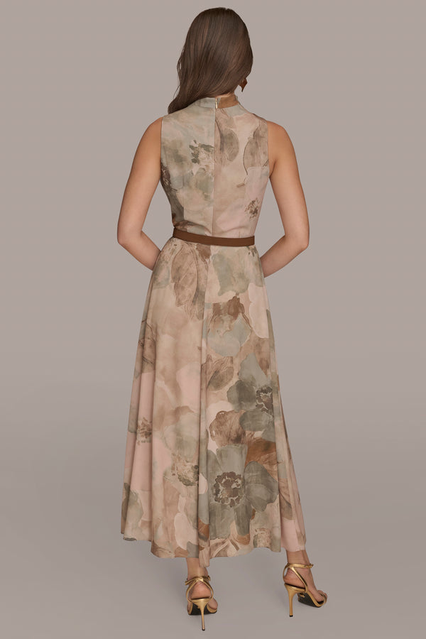 Donna Karan BELTED FLORAL MAXI DRESS CAMEO ROSE MULTI