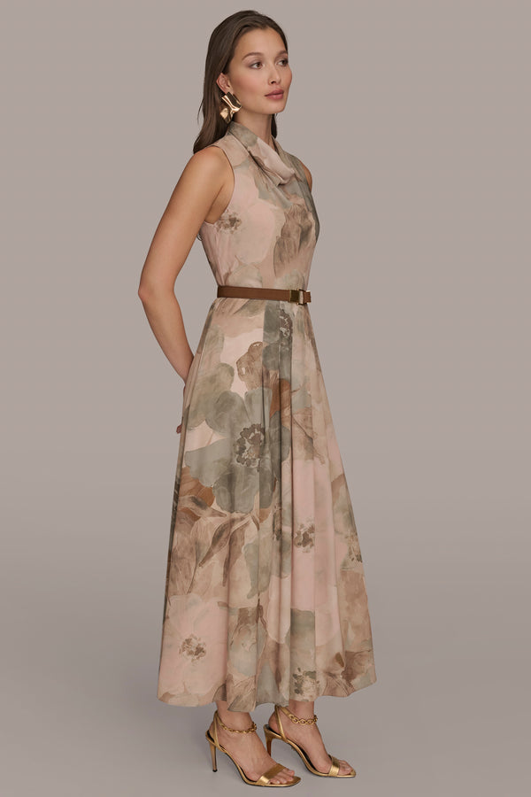 Donna Karan BELTED FLORAL MAXI DRESS CAMEO ROSE MULTI