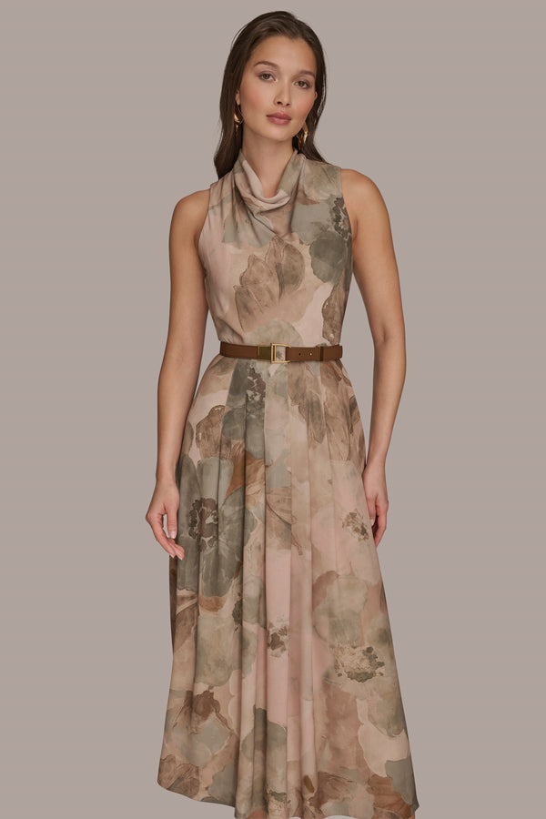 Donna Karan BELTED FLORAL MAXI DRESS CAMEO ROSE MULTI