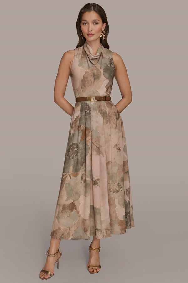 donna karan BELTED FLORAL MAXI DRESS CAMEO ROSE MULTI