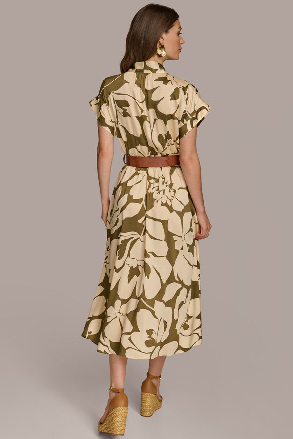 Donna Karan BELTED FLORAL MIDI DRESS Sap Green/Canvas