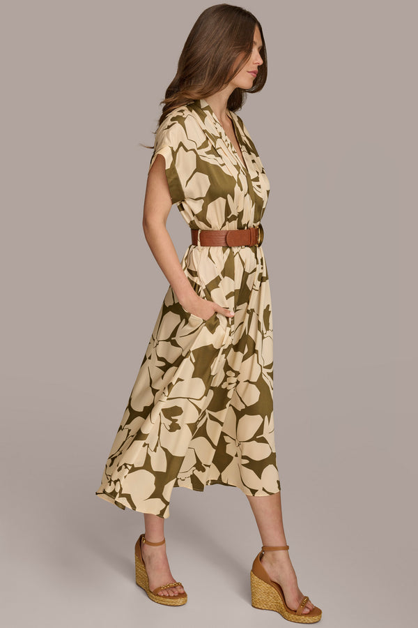 Donna Karan BELTED FLORAL MIDI DRESS Sap Green/Canvas