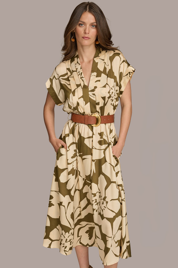 Donna Karan BELTED FLORAL MIDI DRESS Sap Green/Canvas