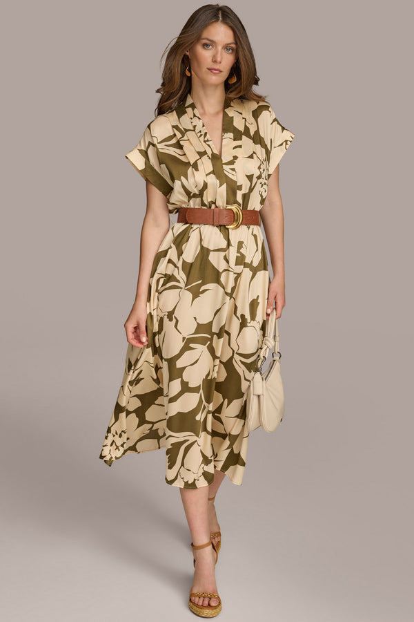 donna karan BELTED FLORAL MIDI DRESS Sap Green/Canvas