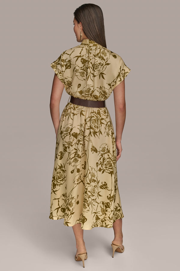 Donna Karan BELTED FLORAL MIDI DRESS Smokey Olive/Beach Sand