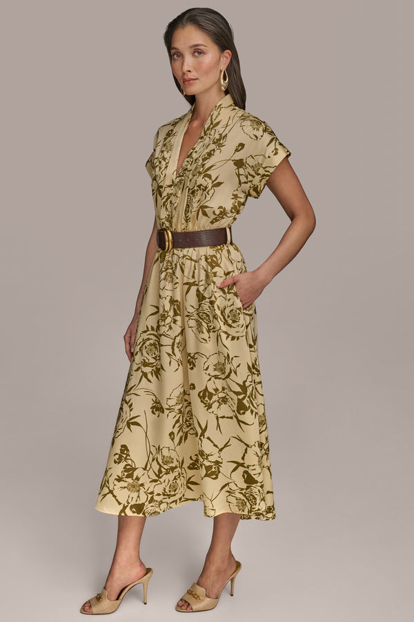 Donna Karan BELTED FLORAL MIDI DRESS Smokey Olive/Beach Sand